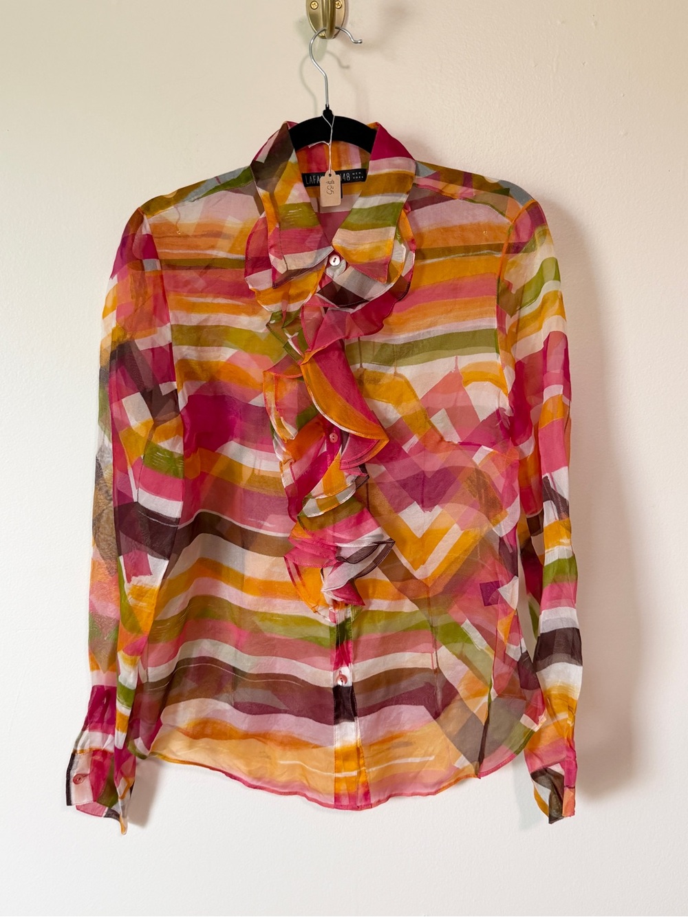 y2k Lafayette 148 New York multi-colored 100% silk blouse ruffled front size 8